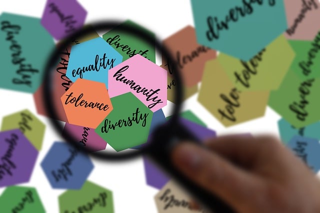 Picture of magnifying glass looking at words around inclusion and diversity