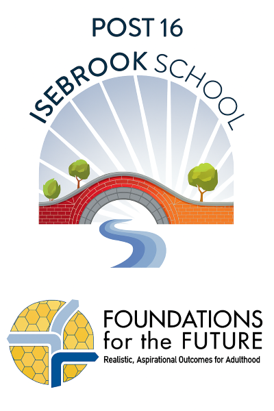 16-Plus logo Isebrook School Post 16 logo with a bridge, trees, and sun rays, plus a tagline: 'Foundations for the Future – Realistic, Aspirational Outcomes for Adulthood.'